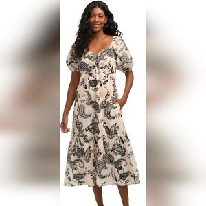 Mexx Voile Cream/Black Floral 100% Cotton Peasant Dress